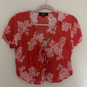 Lulus Size Small Flying High Coral Red Floral V-neck Cropped Blouse Short Sleeve